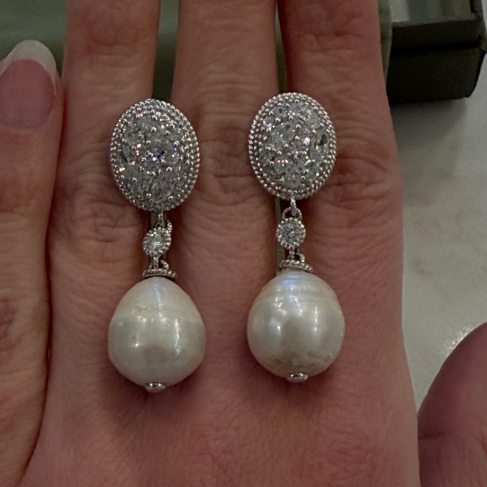 Judith Ripka Sterling Silver Pave CZ & White Baroque Pearl Drop Earrings - Picture 5 of 7